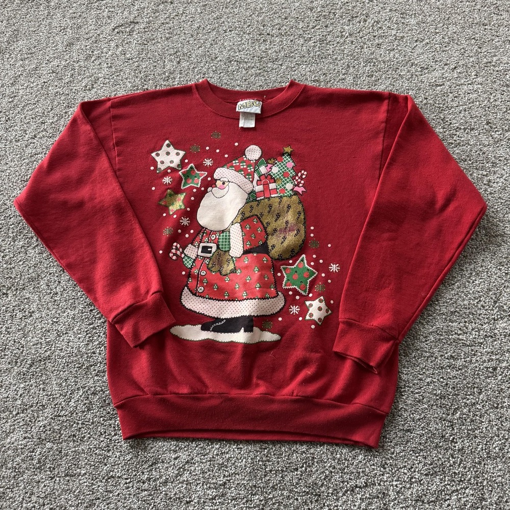 Vintage Christmas Santa Sweatshirt Mens Large Red Knit Pullover Crewneck